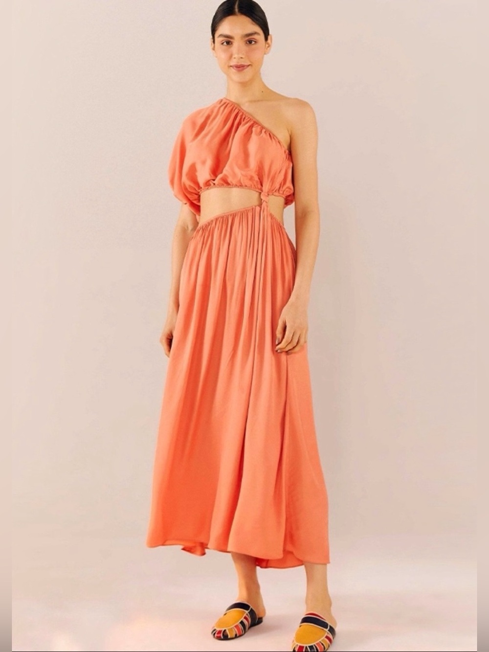 Farm Rio One-Shoulder Coral Cutout Maxi Dress Size L Boho Flowy Tropical Vibrant